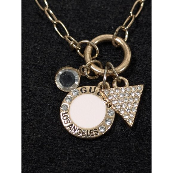 Guess Gold Tone Crystal Triangle Round Bezel Charm Necklace Boho Retro 16" - Picture 1 of 8